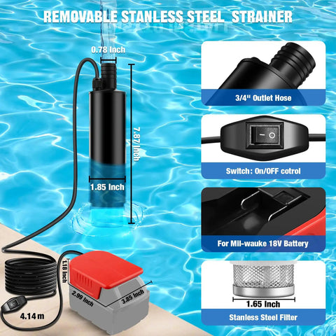 Cordless Water Pump Compatible With Milwaukee 18V M18 Battery 635 GPH with removable stainless steel strainer in water.