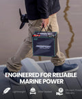 Person carrying Badass Lightweight 12V 50Ah Deep Cycle Marine Battery Sealed AGM Lead Acid on a dock.