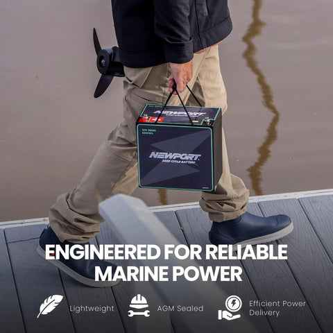 Person carrying Badass Lightweight 12V 50Ah Deep Cycle Marine Battery Sealed AGM Lead Acid on a dock.