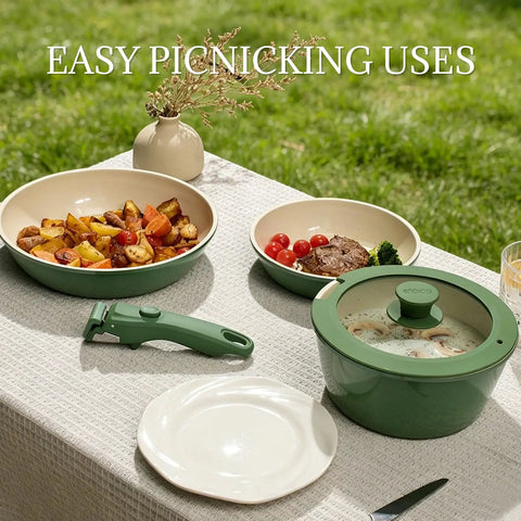 Nonstick Ceramic Cookware Set Eight Piece With Detachable Handle Induction Ready Pots And Pans Oven Safe PFAS Free outdoor use