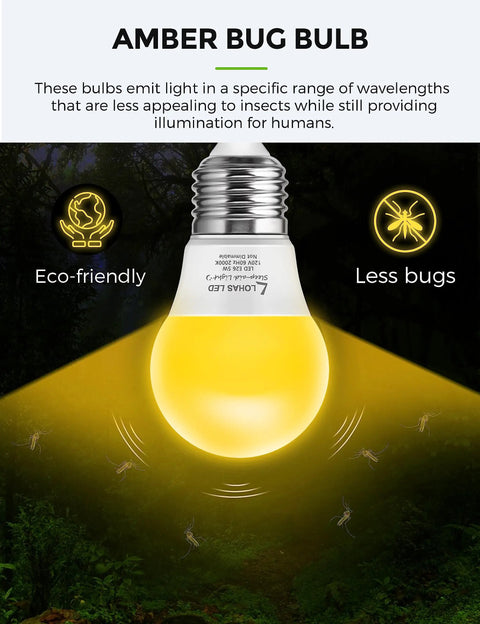 Yellow Amber Bug Light Bulbs For Outdoor Porch And Indoor Hallways A15 5W LED 450 Lumens E26 Edison Base 40W Equivalent