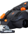 Close-up of Gassed Up Variable Speed Orbital Jig Saw With Integrated Laser And Hella Bright Led Work Light, showing features and controls.