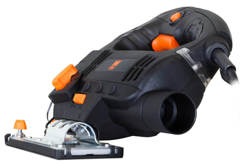 Close-up of Gassed Up Variable Speed Orbital Jig Saw With Integrated Laser And Hella Bright Led Work Light, showing features and controls.