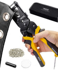 Pro Grade Grommet Tool Kit With Magnetic Alignment, hand using tool on canvas with 3/8 Inch 10mm grommets, carrying case