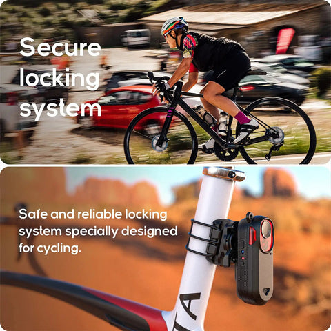 Cyclist on road bike with Seat Post Mount For Varia RCT715 Radar Tail Light Fits Round 25.4 To 35.0 Mm And Aero Or D Shaped Seat Posts, secure mount shown close-up.