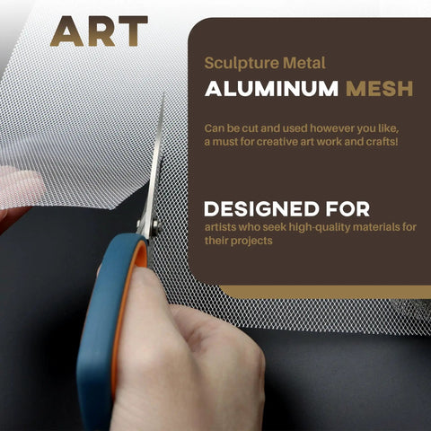 Close-up of Aluminum Wire Mesh Roll for Arts and Crafts, Sculpting Mesh 15.7 Inch by 16.4 Feet being cut with scissors