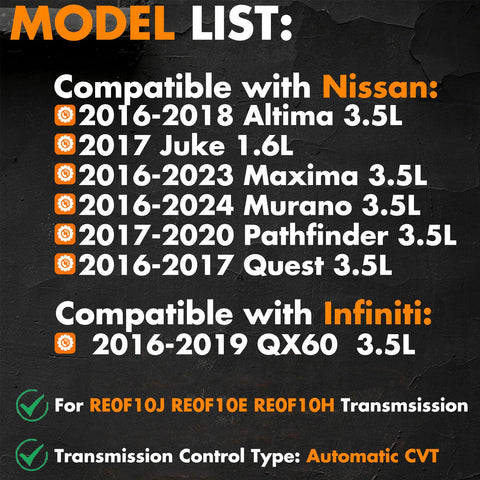 Compatibility list for Go-To CVT Transmission Filter And Oil Pan Gasket Kit 31728-29X0D For Nissan Murano 3.5L 2016-2024