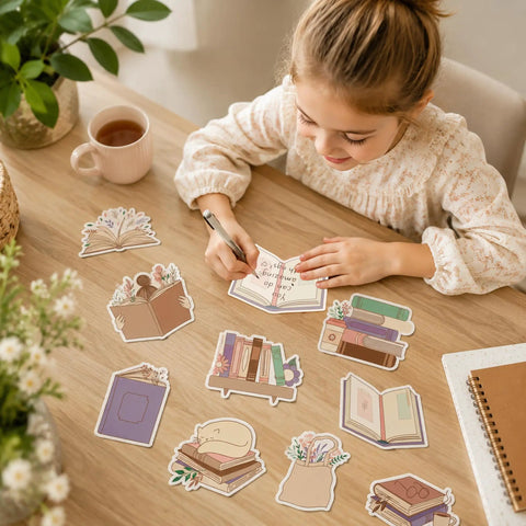 Child writing on 60 Pcs Book Lover Sticky Notes Set With 10 Cute Designs For Book Club Folks And Reading Fans, 20 Sheets Per Pad