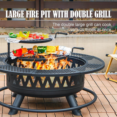 42 Inch Outdoor Fire Pit Table With Dual Grills And Lid For Bonfires, Camping, Picnics, Backyard Parties And Patio Heating, 3 In 1 Round Metal Fire Pit For Cooking And Warmth grilling vegetables