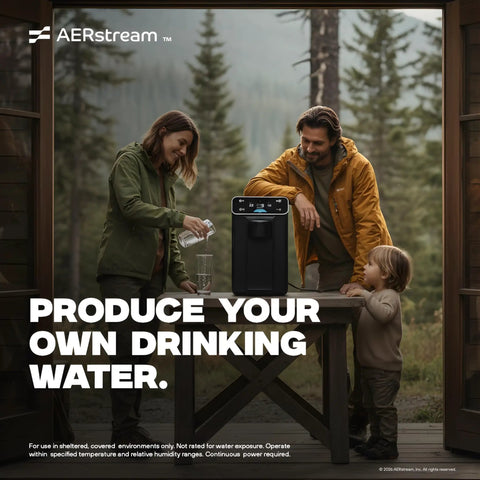 GW Pro Daily Water Factory Atmospheric Water Generator on a table with family outdoors, producing fresh water from humidity.