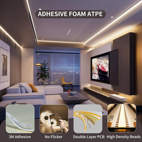Modern living room illuminated with COB LED Strip Light With 3780 LEDs Delivers 8000 Lumens, 4000K Natural White, 24ft, dimmable 24V tape.