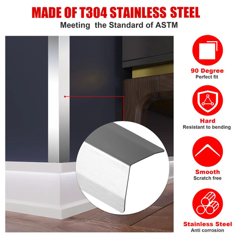 Heavy Duty T304 Stainless Steel Wall Corner Guards, 2 X 2 Inch 48 Inch Long, 10 Pack 90 Degree corner protector shown on a wall.