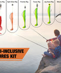 Complete Fishing Lures Kit With Tackle Box And Included Gear For Bass Panfish Trout And More displayed with various rig types.