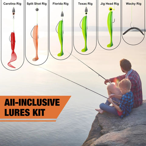 Complete Fishing Lures Kit With Tackle Box And Included Gear For Bass Panfish Trout And More displayed with various rig types.