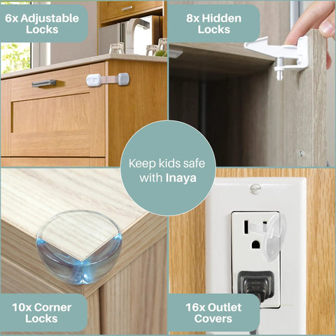 All In One Baby Proofing Kit Easy To Install With Hidden Cabinet And Drawer Locks, Adjustable Latches, Corner Guards And Outlet Covers, 4 In 1 Child Safety Pack To Keep Your Home Kid Safe, showcasing kit components