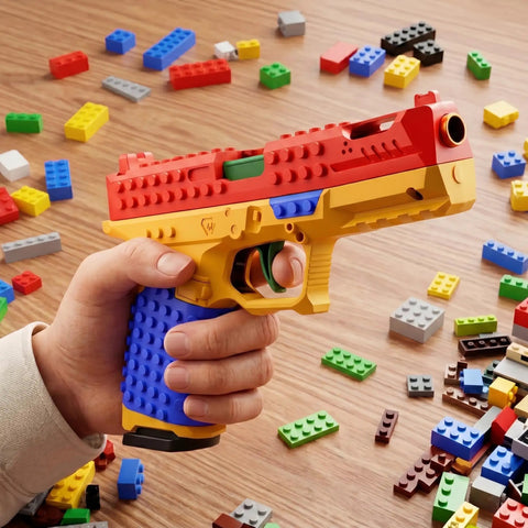 Person holding Foam Blaster Building Kit For Kids And Teens Diy Assembly Set with colorful blocks.