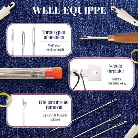 37-Piece Big Eye Steel Sewing Tool Set with needle types, threader, and thread removal tools on textured background