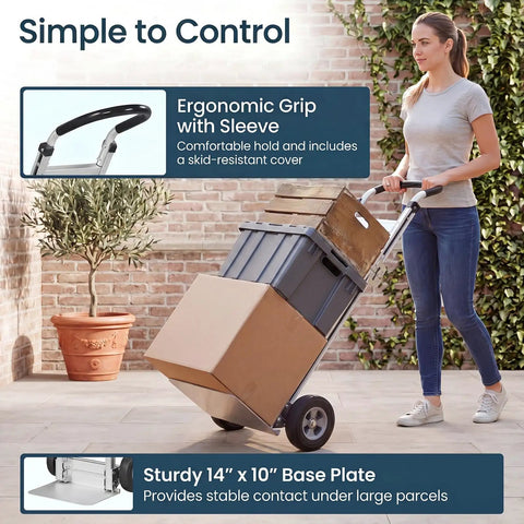 Woman using Heavy Duty Folding Hand Truck Workhorse With Aluminum Dolly Cart, Handles Up To 600 Lbs for moving boxes