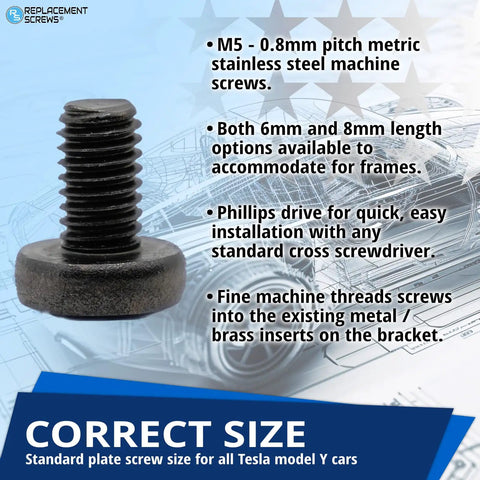 Tesla Model Y License Plate Screws Stainless Steel With Black Oxide Finish 6mm M5 Standard Length Rear Pack Of 4 No Rust Easy Install For A Slick Look And Durable Hold close-up on screw thread in front of car diagram