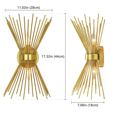 Brass Mid Century Sunburst Wall Sconce Two Light Dope Modern Vanity Lamp Wall Mount dimensions showing height and width