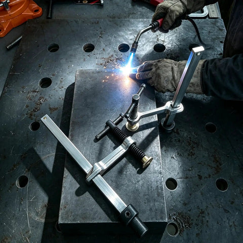 Heavy Duty 3.2 Inch Throat Depth Welding Clamps With Solid Chromium Vanadium Steel Grip used on a workbench during MIG welding.