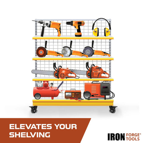 Metal shelving unit with yellow shelves, holding various power tools including a drill, saw, and headphones.