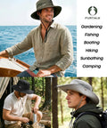 Men's Bucket Sun Hat with UPF Protection, wide brim, worn by men boating, hiking, and camping, dark grey and light grey options.