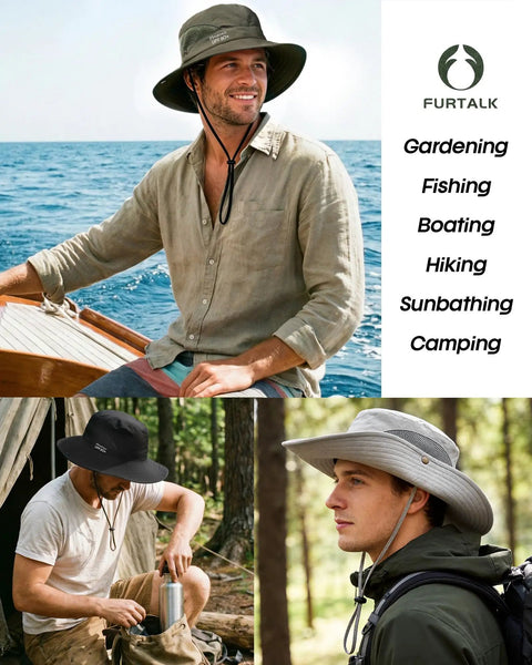 Men's Bucket Sun Hat with UPF Protection, wide brim, worn by men boating, hiking, and camping, dark grey and light grey options.