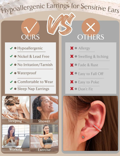 Flat Back Hypoallergenic Black Earrings For Women Made From 316L Stainless Steel Allergy Safe Nickel Free Lead Free No Irritation No Tarnish No Rust Vacuum Plated For Sensitive Ears Stackable Everyday Wear, side view on ear