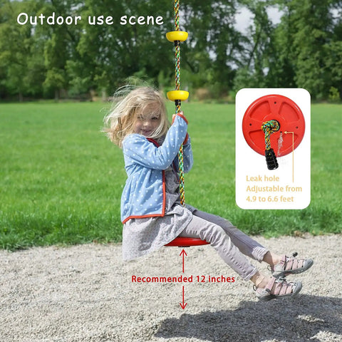 Child playing on Backyard Tree Swing For Kids With Single Disc Rope Climbing Seat For Indoor Outdoor Playground Swing Sets Safe Durable Design Thick 4 Ft Strap Red Color Includes Tree Protector And Carabiner