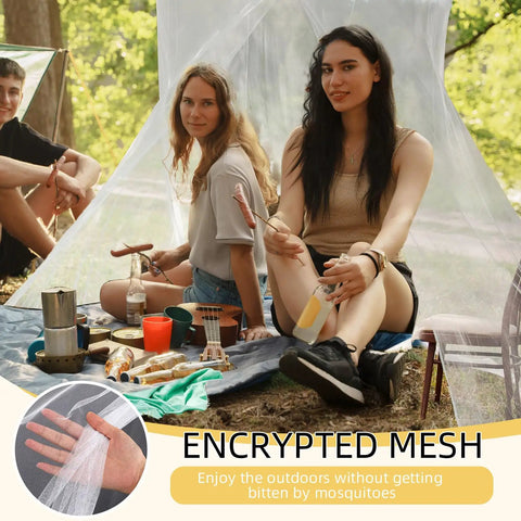 Group camping under 4 Corner Mosquito Net Bed Canopy With 1 Or 4 Openings For Camping, Travel Or Home Use, Rectangular White Mesh Drape