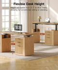 63 Inch Electric Height Adjustable Standing Desk With Smooth Glide Motor Built In Filing Cabinet And Roomy Storage Shelves Oak Brown Finish displayed with adjustable heights from 27.7" to 44.5".