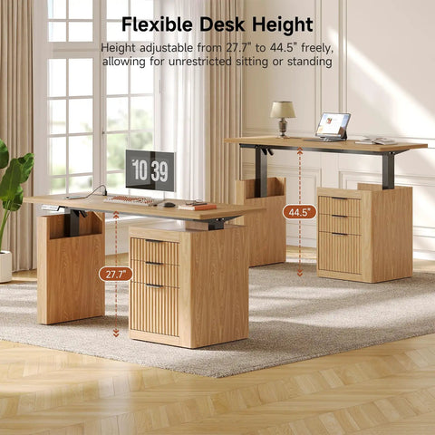 63 Inch Electric Height Adjustable Standing Desk With Smooth Glide Motor Built In Filing Cabinet And Roomy Storage Shelves Oak Brown Finish displayed with adjustable heights from 27.7" to 44.5".