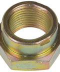Drop-In Distorted Thread Spindle Nut M24-2.0 Hex 36mm for select vehicles, brass metal, close-up view