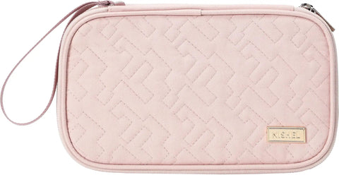 Medium pink travel cord organizer case with dual layer design, elastic straps, and zipper mesh pockets for chargers and small gadgets.