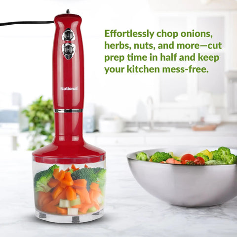 Heavy Duty 4 In 1 Immersion Hand Blender With Rock Solid 500W Motor And Two Speed Settings Featuring Splash Control Tech And Versatile Attachments, red, blending vegetables in kitchen.