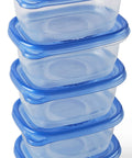 Stack of 5 medium rectangle food storage containers with lids, BPA free plastic, airtight leak resistant, microwave safe.