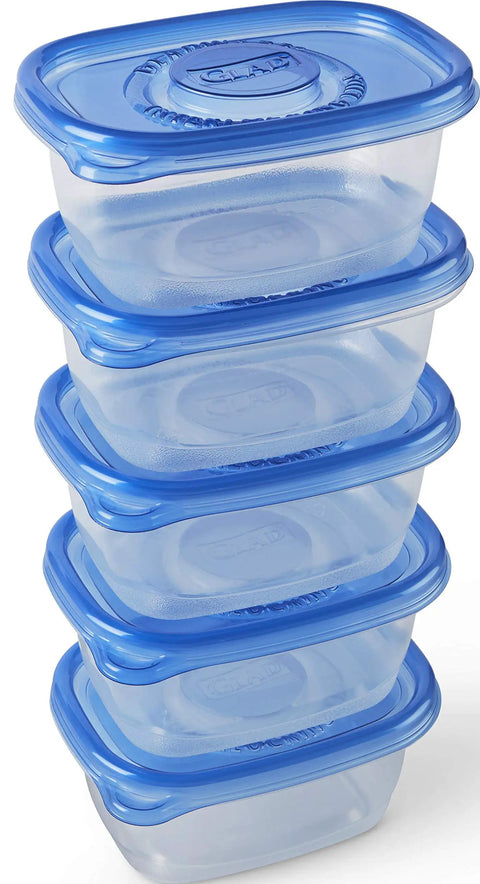 Stack of 5 medium rectangle food storage containers with lids, BPA free plastic, airtight leak resistant, microwave safe.