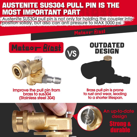 Meteor Blast pivoting pressure washer coupler with brass body, 1/4 in quick-connect, 120°, stainless safety lock.