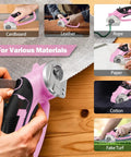 Cordless Electric Scissors For Crafting And DIY Projects With LED Light 4V Box Cutter And Cardboard Cutter Two Titanium Blades Rotary Cutter For Fabric Leather Carpet Plastic Crafting Tool With Storage Case Pink cutting various materials including cardboard, leather, rope, paper, cotton, and fake turf.