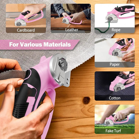 Cordless Electric Scissors For Crafting And DIY Projects With LED Light 4V Box Cutter And Cardboard Cutter Two Titanium Blades Rotary Cutter For Fabric Leather Carpet Plastic Crafting Tool With Storage Case Pink cutting various materials including cardboard, leather, rope, paper, cotton, and fake turf.