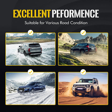 Four vehicles driving in various terrains with text 'Excellent Performance', showcasing versatility on different road conditions.