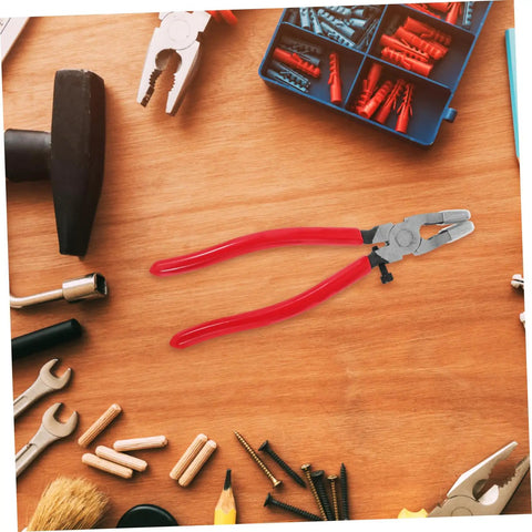 Running Pliers For Glass Cutting With Curved Jaw Grozing Tool For Stained Glass Mosaic Fusion Projects, Pro Grade Debris Free Breaks And Precise Cuts For Colored Glass Materials, red handles on wood table