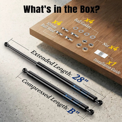 28 Inch Gas Struts 200 Pounds With 10Mm Ball Studs Pair Heavy Duty Lift Supports with installation materials and extended length shown.