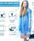 Person wearing a blue hooded poncho from 100 Pack Disposable Rain Ponchos For Adults With Hood Emergency Waterproof Rain Gear For Camping Hiking Sports Or Outdoors In Pink Yellow Blue And Clear 25 Pieces Per Color Handy Bulk Pack For Family And Outdoor Use, features waterproof and breathable eco-friendly design for rainy days.