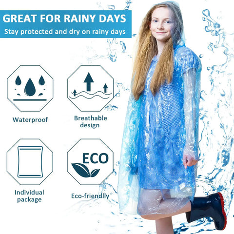 Person wearing a blue hooded poncho from 100 Pack Disposable Rain Ponchos For Adults With Hood Emergency Waterproof Rain Gear For Camping Hiking Sports Or Outdoors In Pink Yellow Blue And Clear 25 Pieces Per Color Handy Bulk Pack For Family And Outdoor Use, features waterproof and breathable eco-friendly design for rainy days.