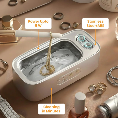 Dope Ultrasonic Jewelry Cleaner 48KHz High Frequency Deep Clean in Stainless Steel Tank with necklace, rings, and watch