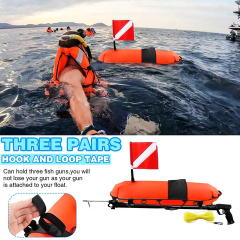 High Visibility Spearfishing Buoy Torpedo Float With Dive Safety Flag And 82 Foot Rope Inflatable Surface Signaling Float on water