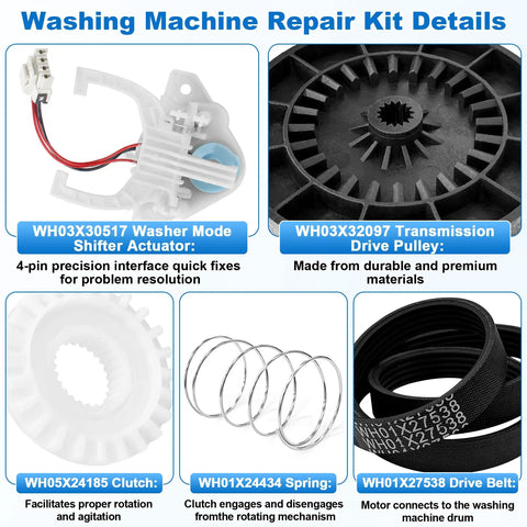 Real Deal GE Washing Machine Repair Kit Featuring Transmission Pulley Push Nut Shift Actuator Drive Belt Clutch And Coil Spring To Knock Out Squeaks Fast And Keep Your Laundry Routine Rolling Smooth Without The Headache, parts overview.