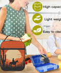 Desert Sunset Cowboy Silhouette Insulated Lunch Bag with cactus pattern in kitchen setting, durable Oxford cloth, wide opening.